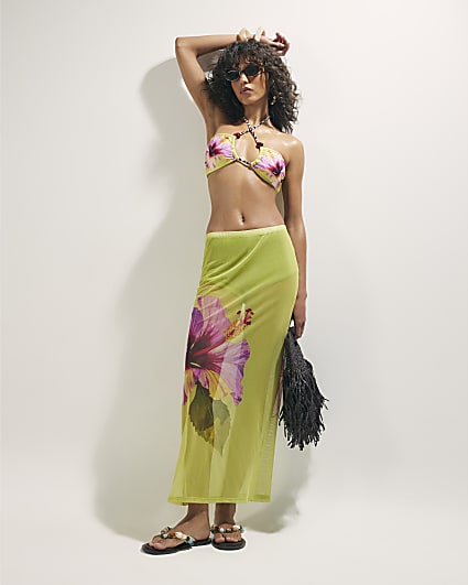 Green Hibiscus Print Maxi Skirt