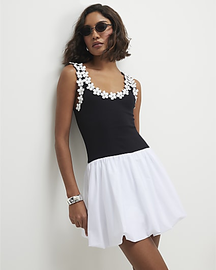 Black Sleeveless Floral Diamante Trim Dress