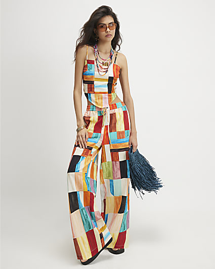 Orange Cotton Check Print Wide Leg Trousers