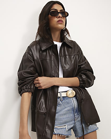 Brown Drop Hem Drawstring Funnel Neck Jacket