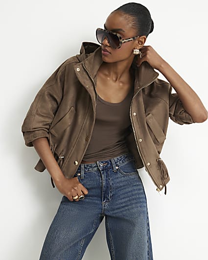 Khaki Drawstring Hem Faux Suede Hooded Jacket