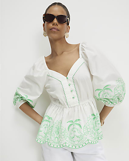 White Cotton Embroidered Hem Blouse