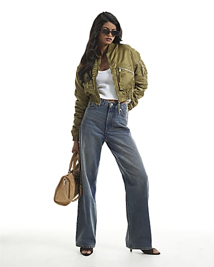 Green Crop Fitted Bomber Jacket