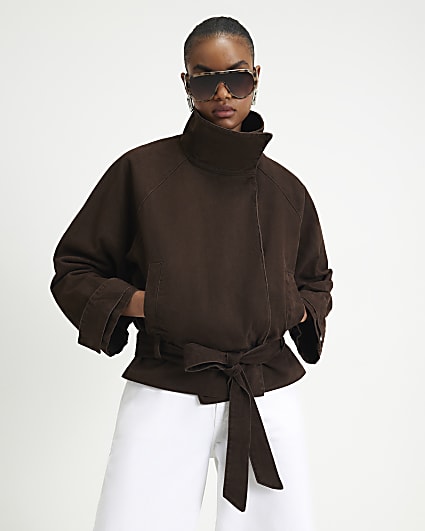 Brown Washed Cotton Funnel Neck Jacket