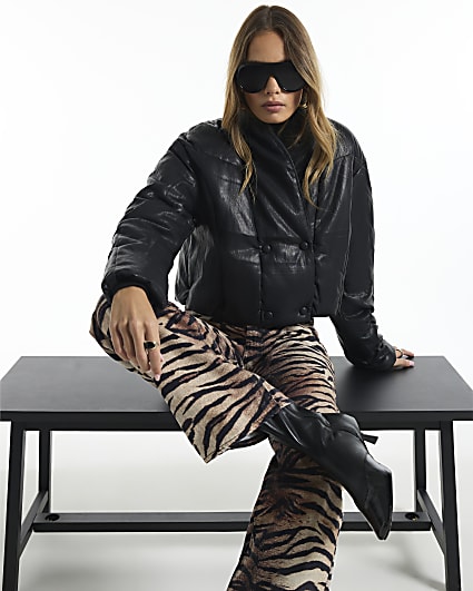 Black Faux Leather Short Puffer Jacket