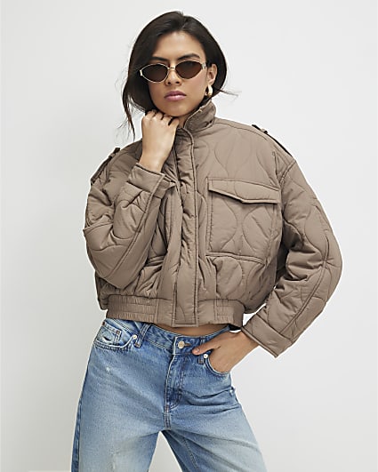 Beige Quilted Bomber Jacket