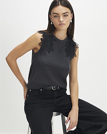 Grey Sleeveless Cosy Lace Shoulder Top