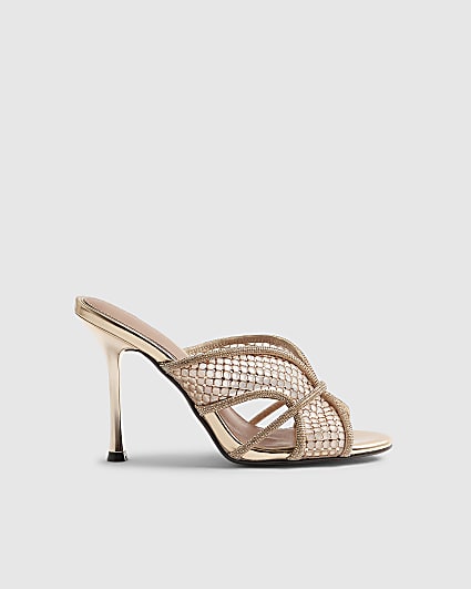 Rose Gold Diamante Mesh Heeled Mules