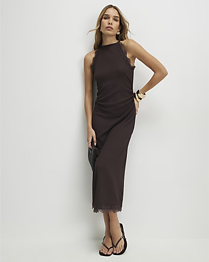 Brown Lace Trim Textured Maxi Dress