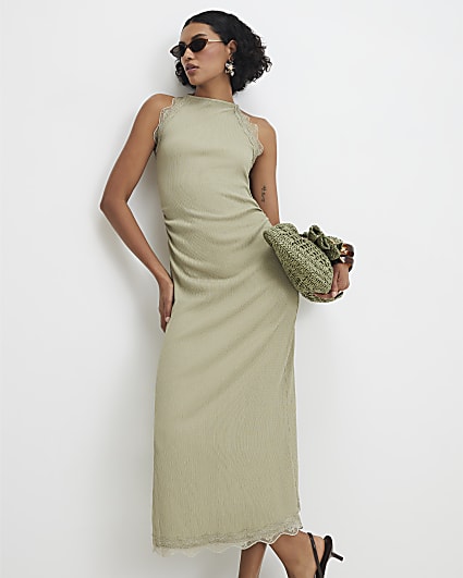 Green Lace Trim Textured Midi Dress