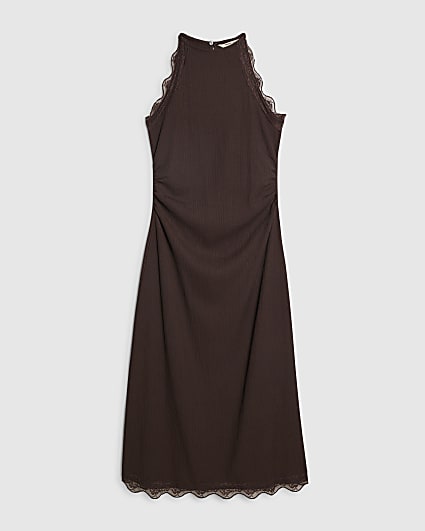 Petite Brown Lace Trim Textured Dress