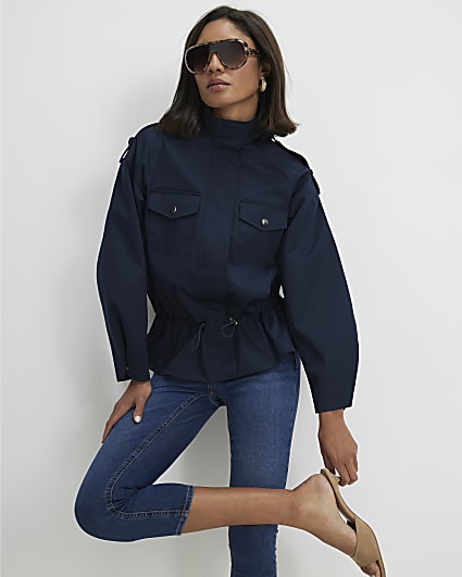 Navy Funnel Neck Tie Waist Bomber Jacket