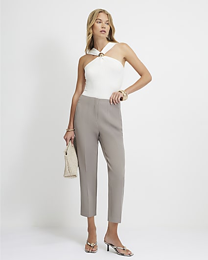 Beige High Waisted Cigarette Trousers