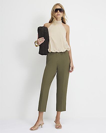 Khaki High Waisted Cigarette Trousers