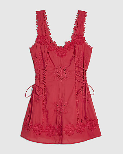 Petite Red Crochet Embroidered Mini Dress