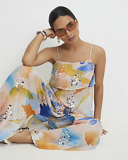 Petite Cream Blur Print Tiered Cami Top