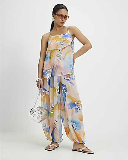 Petite Cream Blur Print Balloon Trousers