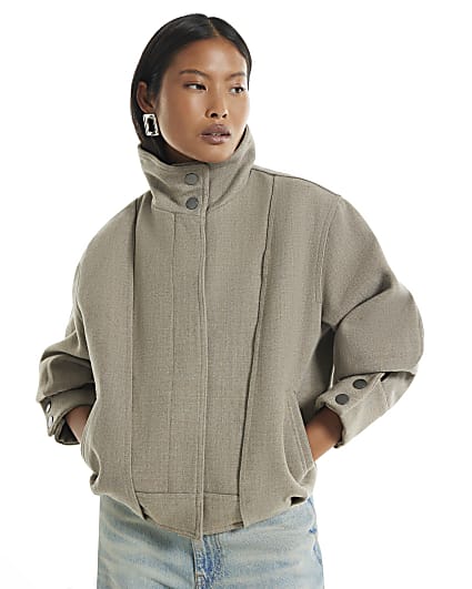 Petite Brown Funnel Neck Bomber Jacket