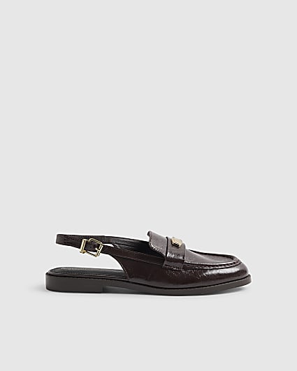 Brown Faux Leather Slingback Loafers