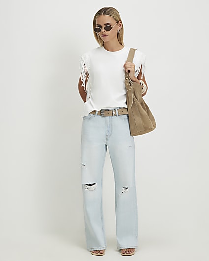 Petite Blue Rip High Waist Straight Leg Jeans