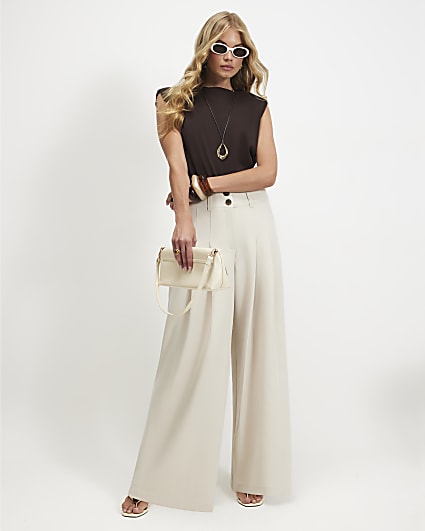 Cream High Waisted Wide Leg Trousers