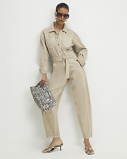 Beige Denim Belted Barrel Leg Jumpsuit