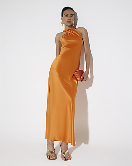 Orange Halter Neck Midi Dress