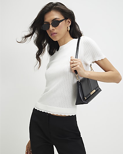 Cream Pointelle Knitted T-Shirt