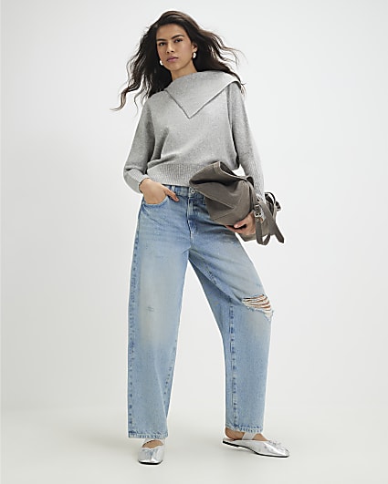 Beige Knitted Fold Neck Jumper
