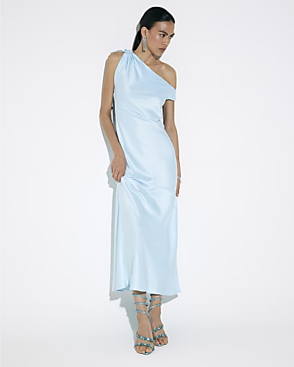 Blue Satin One Shoulder Maxi Dress