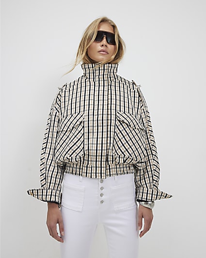 Cream Check Funnel Neck Bomber Jacket