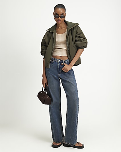 Khaki Funnel Neck Bubble Hem Bomber Jacket