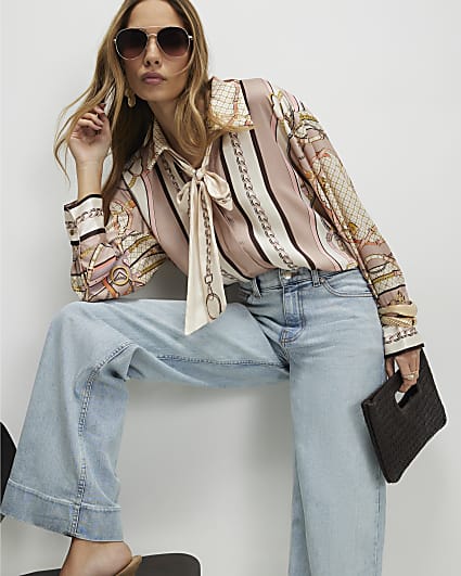 Pink Tie Neck Chain Print Shirt