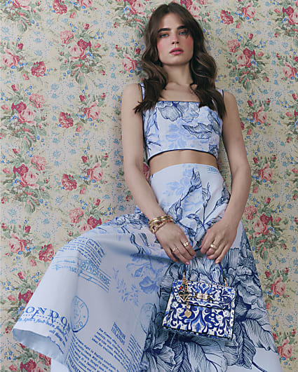 Blue Floral Border Print Midi Skirt