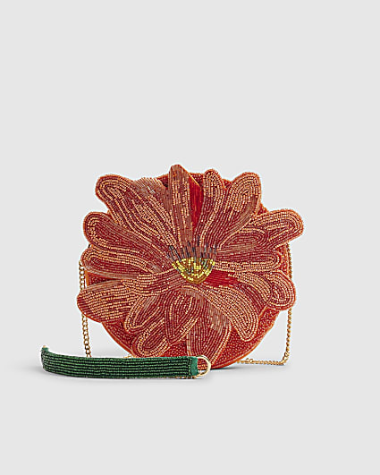 Orange Beaded Flower Clutch Bag