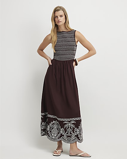 Brown Cotton Embroidered Hem Midi Dress