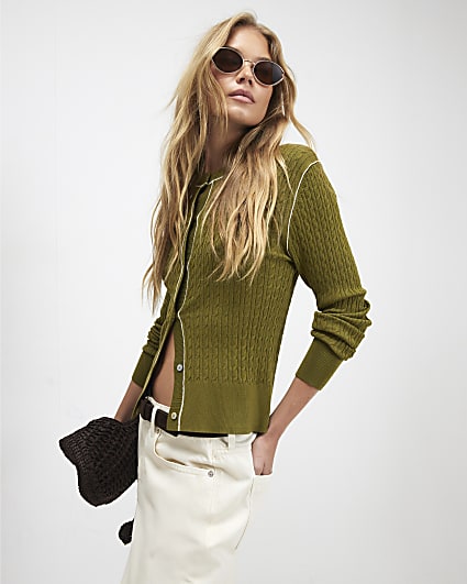 Khaki Cotton Cable Knit Cardigan