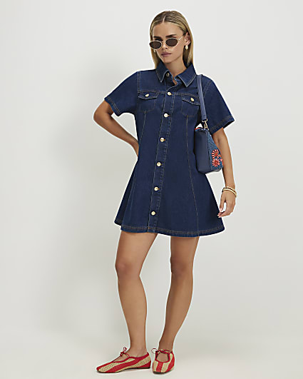 Petite Blue Button Through Denim Dress