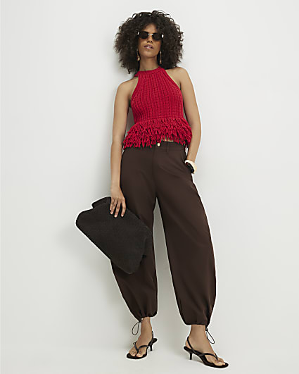 Brown Drawstring Cuff Balloon Leg Trousers