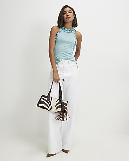 Blue Sheer Knit Frill Halter Neck Top