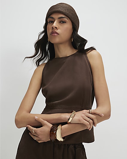Brown Halter Neck Denim Top