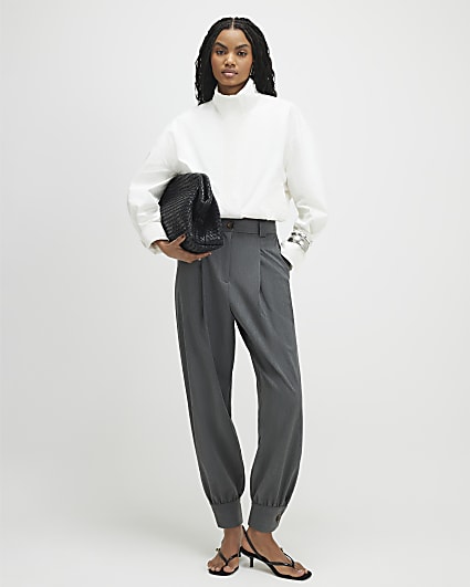 Grey Tailored Barrel Leg Trousers