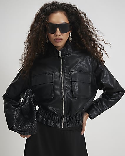 Black Funnel Neck Faux Leather Jacket