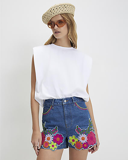 Blue Mid Rise Floral Denim Shorts