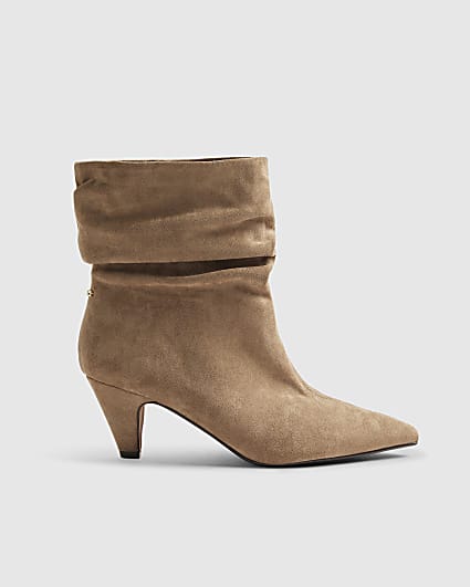 Beige Faux Suede Slouch Cone Heel Ankle Boots