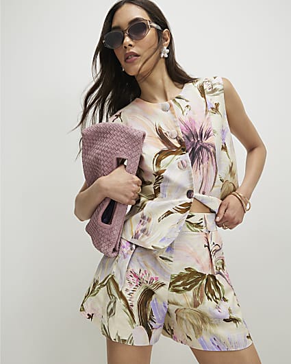 Pink Linen Blend Floral Shorts