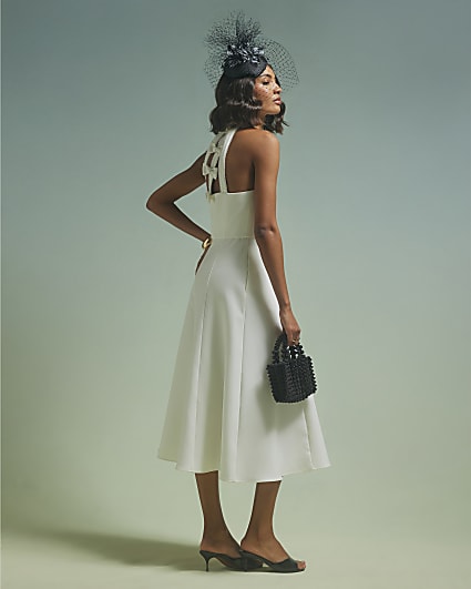 White Premium Bow Back Detail Midi Dress