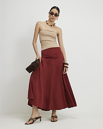 Red Seamed Maxi Skirt