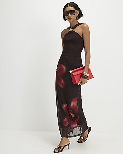 Brown Mesh Floral Print Maxi Skirt