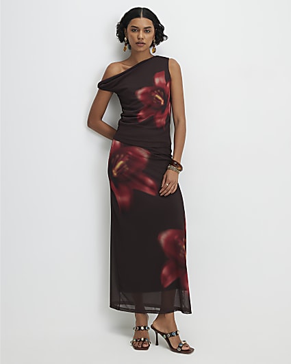Brown Mesh Floral Print Maxi Skirt